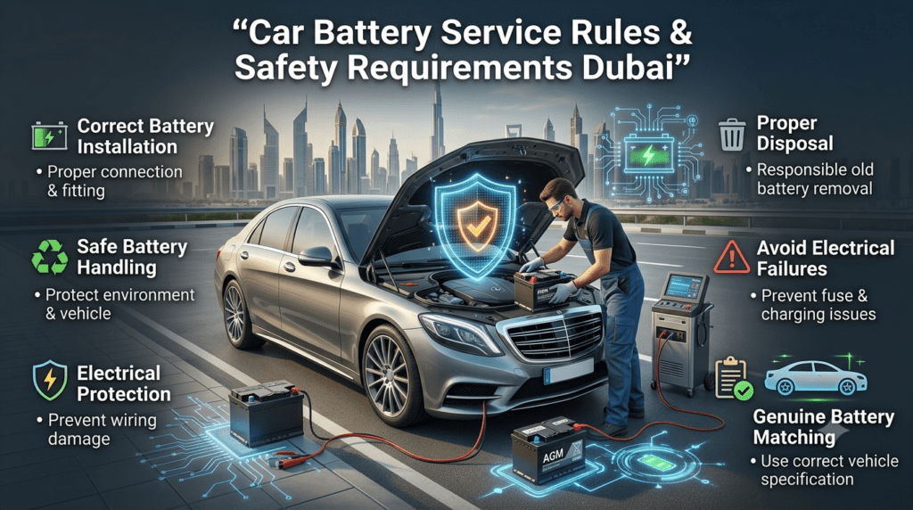 Car battery service safety requirements Dubai with technician installing genuine battery and checking vehicle electrical system