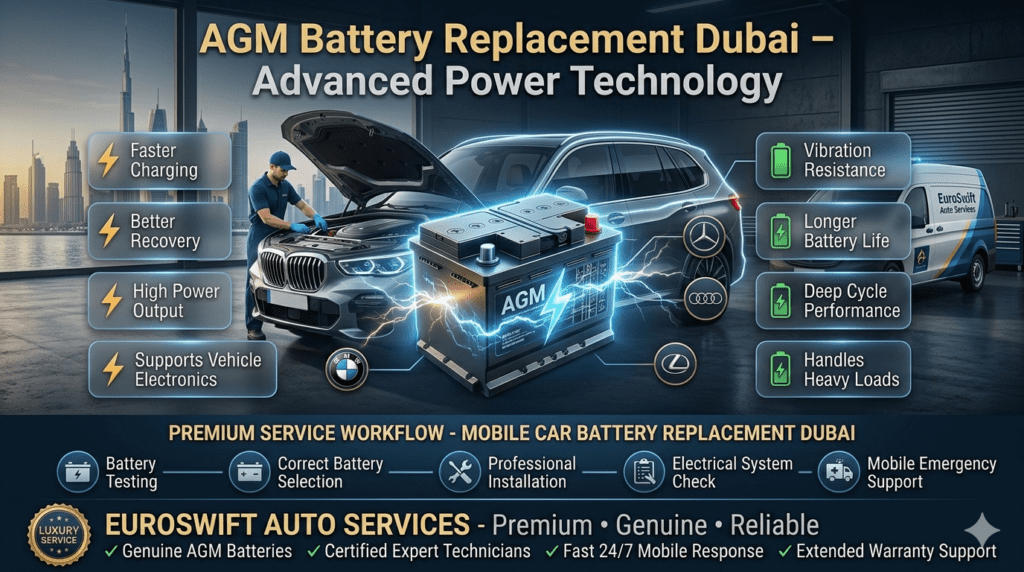 AGM Battery Replacement Dubai guide showing advanced AGM car battery technology, benefits, faster charging, vibration resistance, high power output, and support for luxury vehicle electronics.