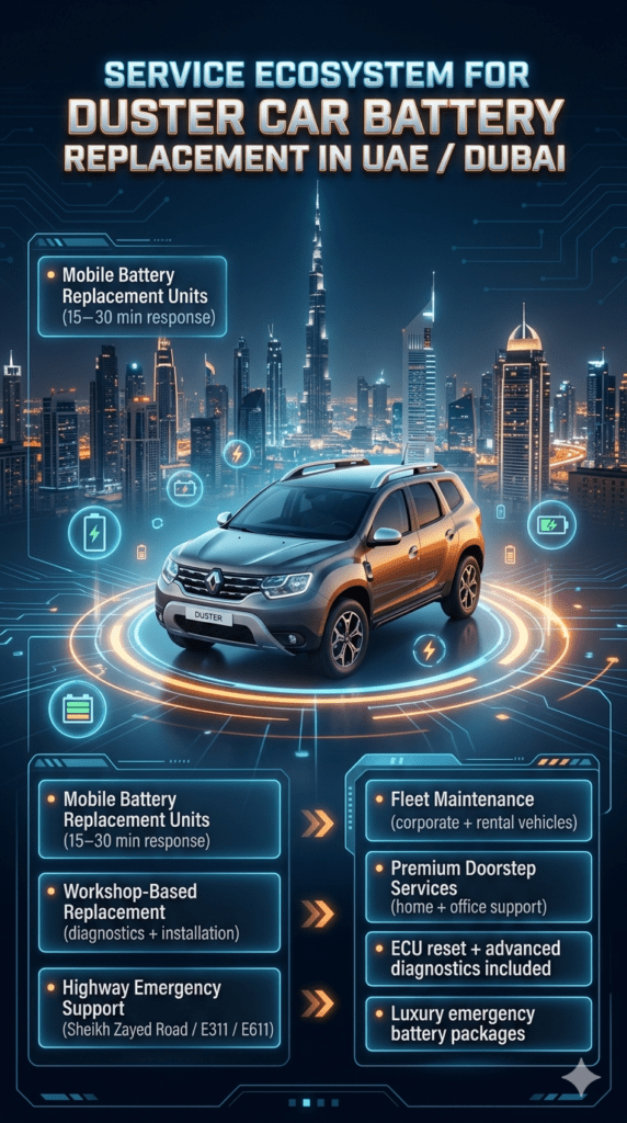 Infographic showing service ecosystem for Duster Car Battery Replacement in UAE Dubai including mobile units, workshop service, highway support, fleet maintenance, and premium doorstep battery replacement services.
