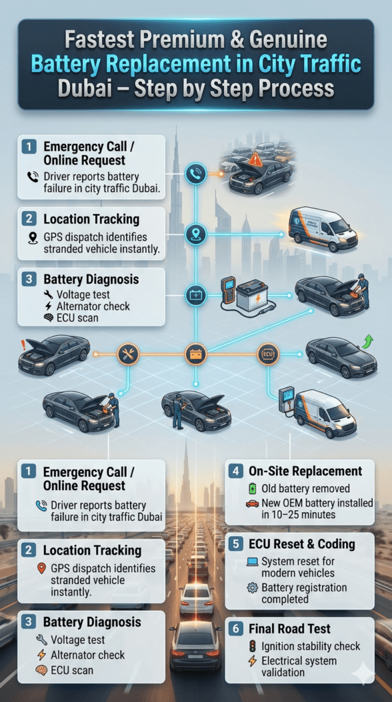 Step-by-step infographic showing mobile car battery replacement process in Dubai city traffic, including emergency call, GPS tracking, diagnosis, installation, ECU reset, and final road test.