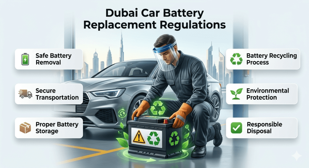 Professional technician safely removing and recycling a car battery according to Dubai replacement regulations and environmental safety practices