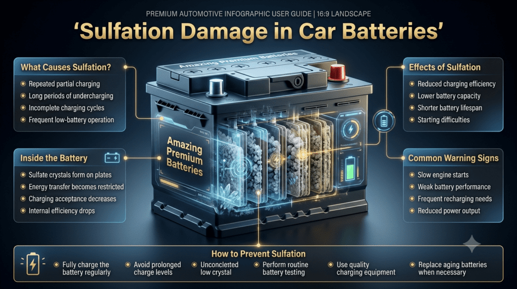 Professional automotive infographic illustrating sulfation damage inside a car battery, showing sulfate crystal buildup on battery plates with warning indicators and key effects on battery performance displayed around the design.