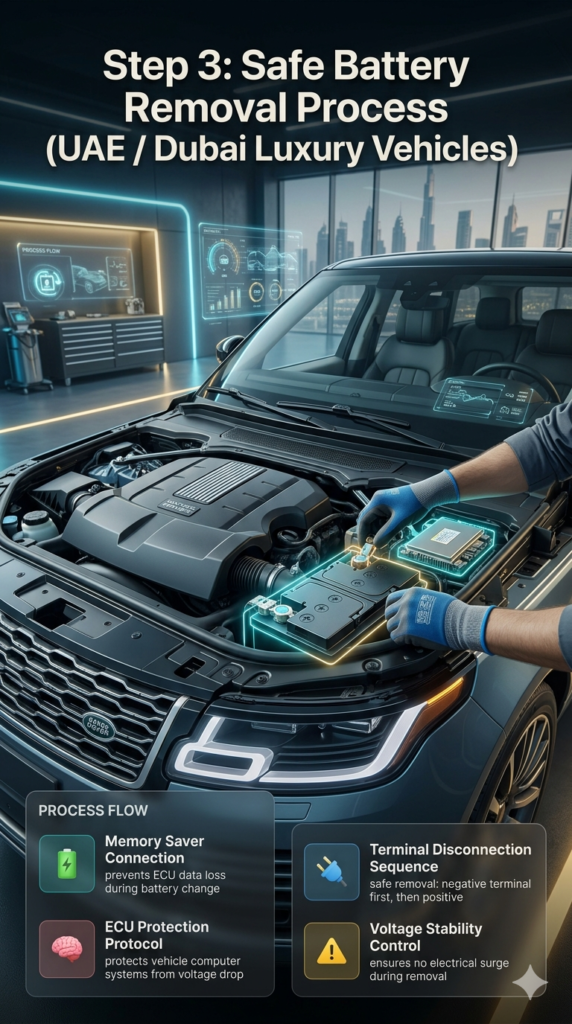Step 3: Safe Battery Removal Process – ECU Protection & Memory Saver Guide UAE Luxury automotive infographic showing safe battery removal process with memory saver connection, ECU protection protocol, and terminal disconnection steps inside a futuristic workshop.