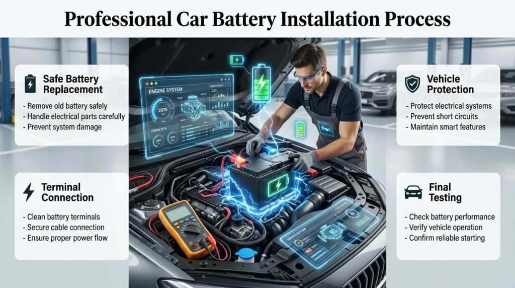 Professional car battery installation guide showing safe removal, terminal cleaning, correct connection, electrical protection, and final performance testing.
