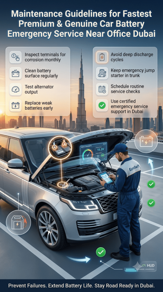 Infographic showing car battery maintenance guidelines for Dubai emergency service users including corrosion check, alternator testing, jump starter storage, and service scheduling.