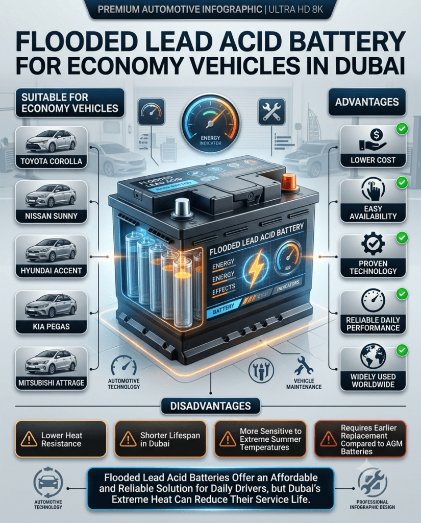 Professional automotive infographic featuring a flooded lead acid car battery with suitable vehicle models, advantages, and disadvantages displayed in a premium user-guide layout for Dubai drivers.