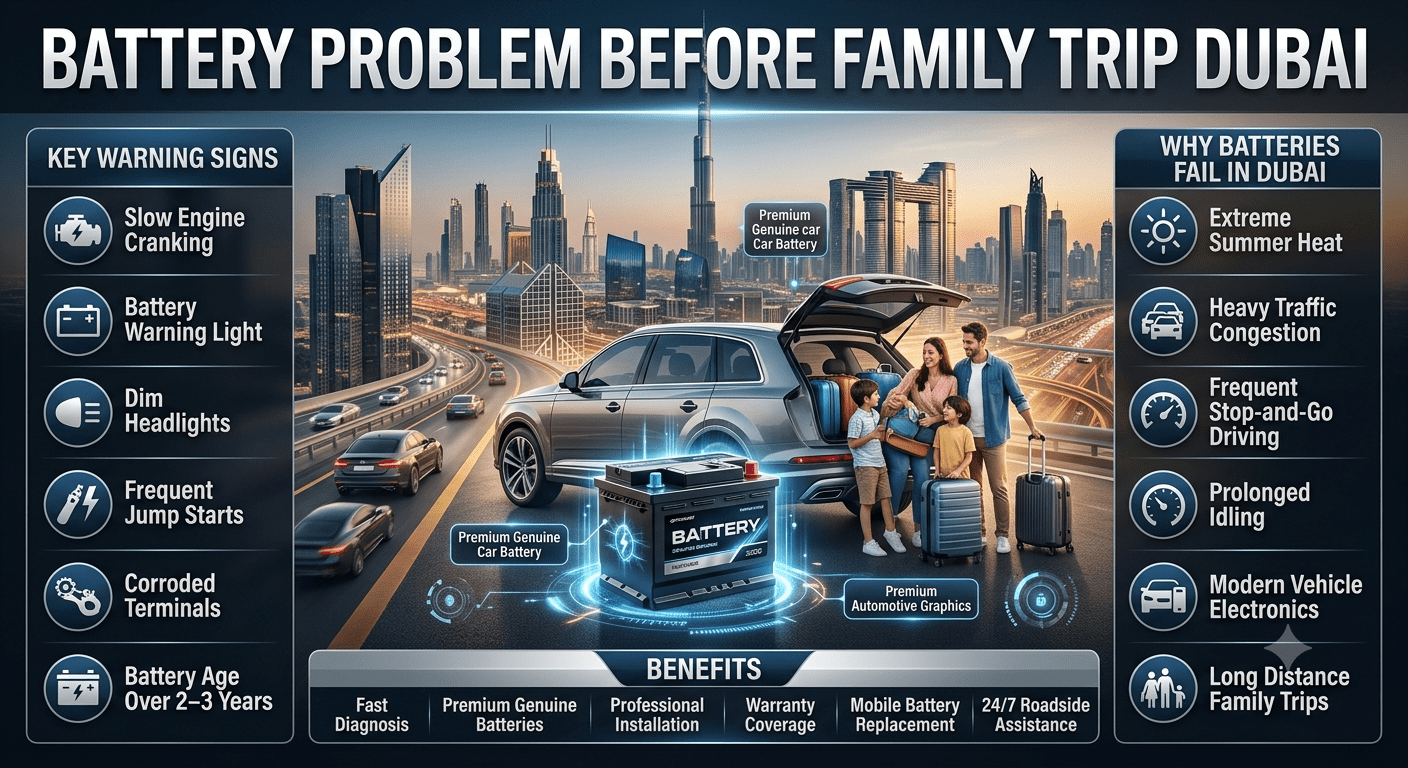 Professional user guide infographic showing battery problems before a family trip in Dubai, featuring a premium car battery in the center, family travel theme, Dubai skyline background, warning signs on the left, battery failure causes on the right, and premium battery replacement benefits displayed with modern icons and animated callouts.