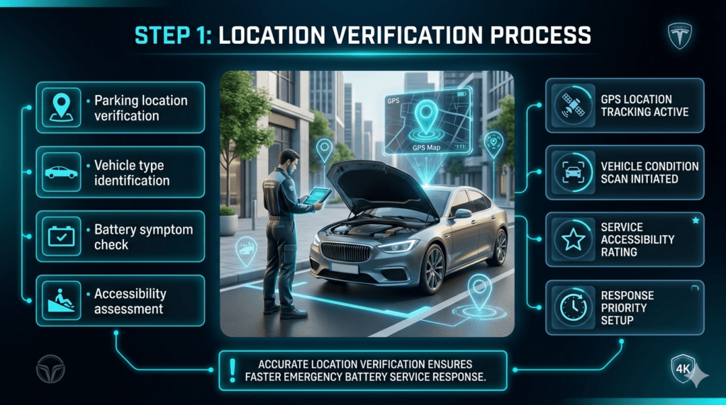 Infographic showing roadside car battery service technician performing location verification steps including parking, vehicle type, and accessibility check.