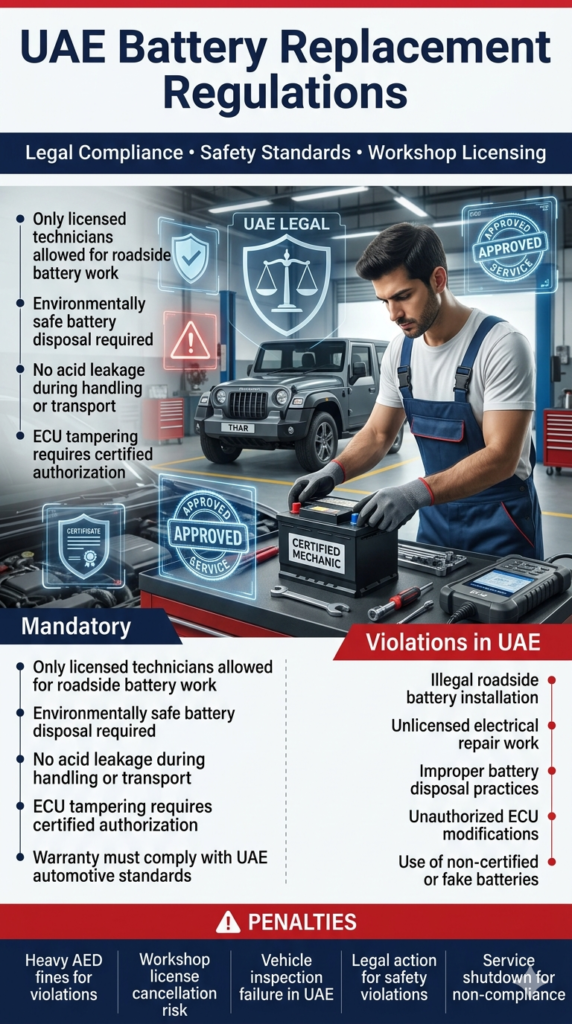 UAE Legal Rules for Battery Replacement Services | Compliance & Safety Guide UAE legal compliance infographic showing battery replacement regulations, licensed technician requirements, safety rules, violations, and penalties in automotive service industry.