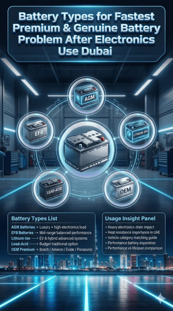 Battery Types for Fastest Premium & Genuine Battery Problem After Electronics Use Dubai Premium automotive infographic showing five types of car batteries arranged around a central glowing core with Dubai skyline background and futuristic comparison design elements.