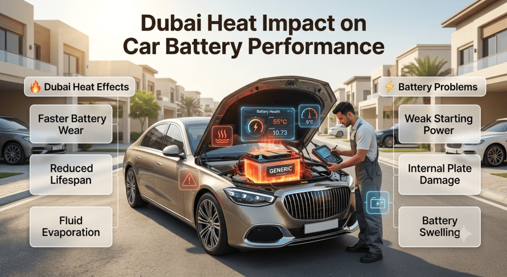 Dubai heat impact on car battery performance showing luxury vehicle battery damage risks, weak starting power, battery swelling, and professional battery inspection service.