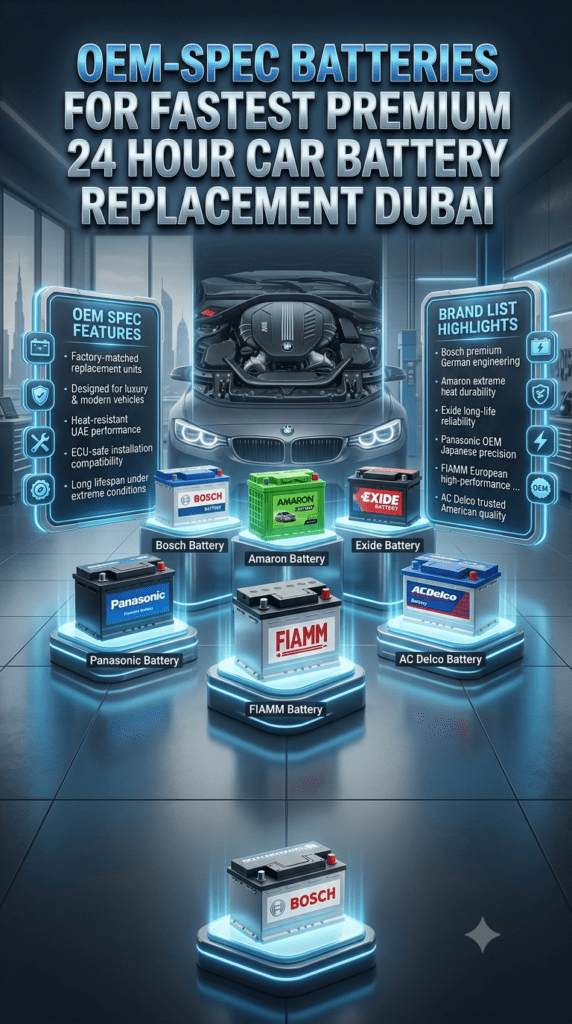 OEM-Spec Car Batteries Dubai – Premium 24 Hour Battery Replacement Brands Guide Premium automotive infographic showing OEM-spec car batteries used in Dubai including Bosch, Amaron, Exide, Panasonic, FIAMM, and AC Delco arranged in a luxury workshop environment for 24-hour battery replacement service.