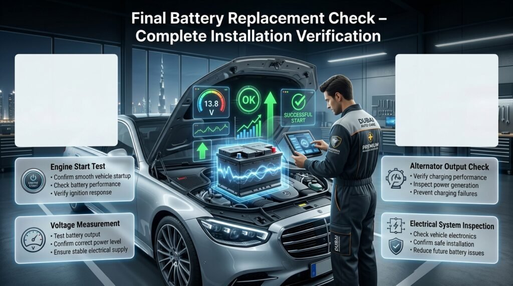 Final car battery replacement check Dubai infographic showing engine start testing, voltage measurement, alternator inspection, and electrical system verification.