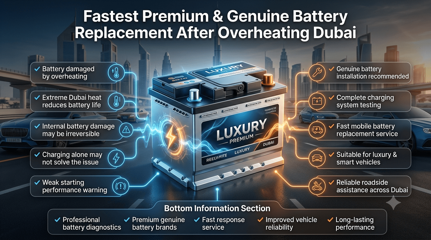 Fastest Premium & Genuine Battery Replacement After Overheating Dubai user guide infographic showing a premium car battery, overheating warning signs, genuine replacement benefits, charging system diagnostics, and Dubai roadside battery assistance.