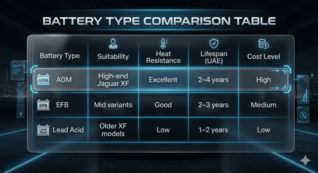 Comparison table showing AGM, EFB, and Lead Acid batteries for Jaguar XF with heat resistance, lifespan, and cost levels in UAE conditions.
