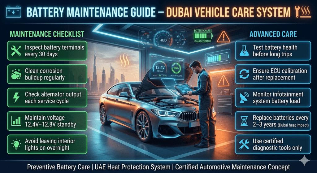 Battery Maintenance Guide to Prevent Interior Light Drain Issues in Dubai Infographic showing car battery maintenance checklist in Dubai including terminal cleaning, voltage checks, ECU calibration, and prevention of interior light battery drain.