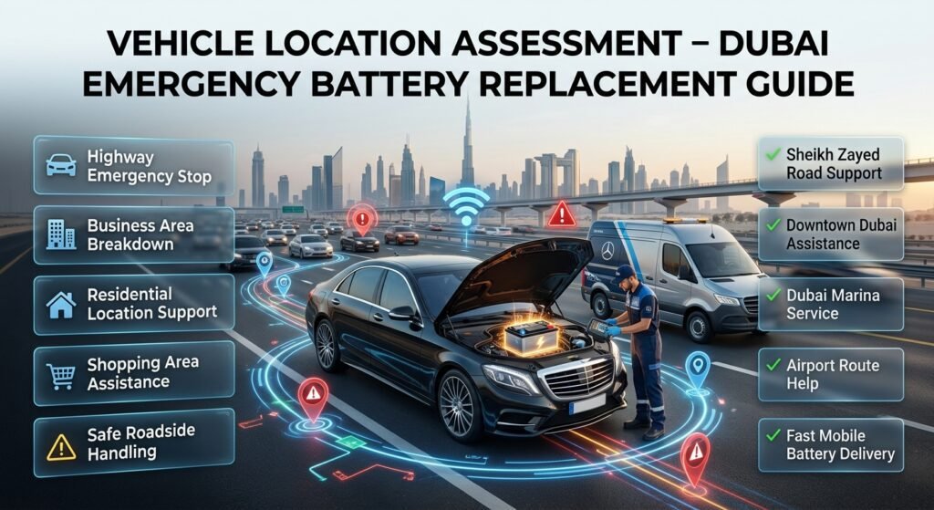 Vehicle location assessment guide showing Dubai roadside battery replacement support, highway emergency service, GPS assistance, and mobile battery installation