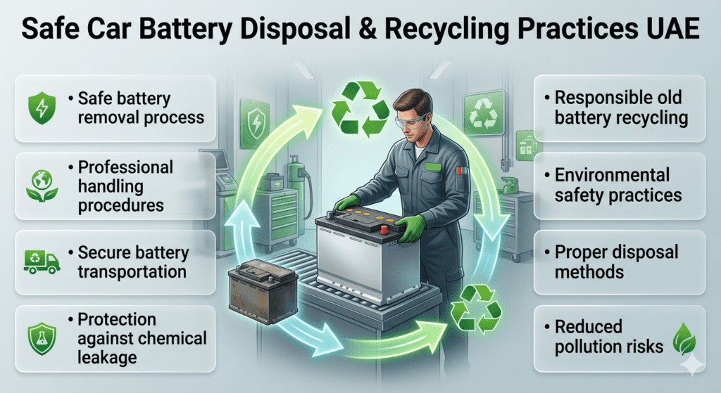 Car battery disposal and recycling infographic showing safe battery removal, transportation, handling, and environmental protection practices in UAE.