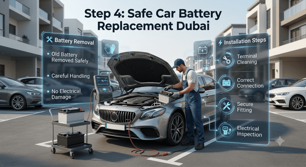 Safe car battery replacement Dubai showing professional battery removal, terminal cleaning, correct connection, secure fitting, and electrical inspection.