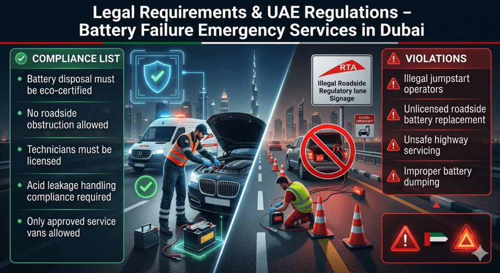 Professional infographic showing UAE legal rules for car battery roadside services in Dubai, including compliance requirements and violation warnings.