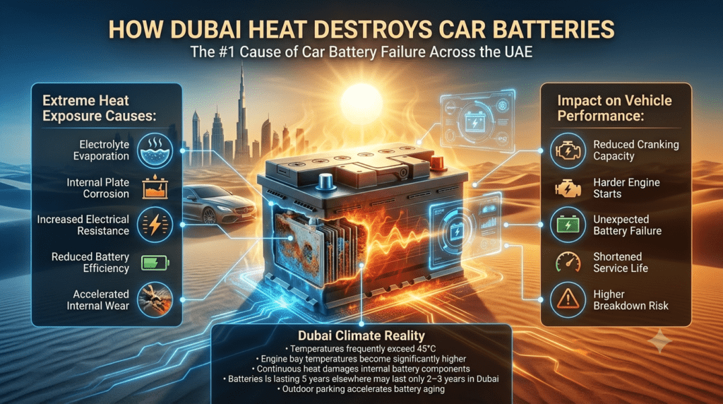 Premium automotive infographic showing how extreme Dubai heat causes car battery failure through electrolyte evaporation, internal corrosion, increased resistance, reduced cranking power, and premature battery aging in UAE conditions.