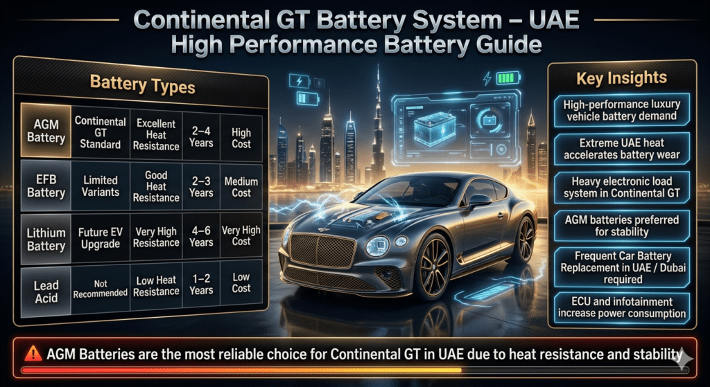 Luxury infographic showing Bentley Continental GT battery types in UAE including AGM, EFB, Lithium, and Lead Acid with performance comparison table and Dubai luxury background.