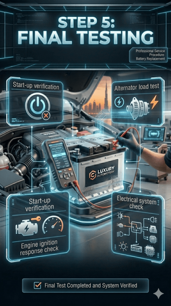 Car battery final testing process showing diagnostic tools performing start-up verification, alternator load test, and electrical system check in a professional automotive workshop infographic.
