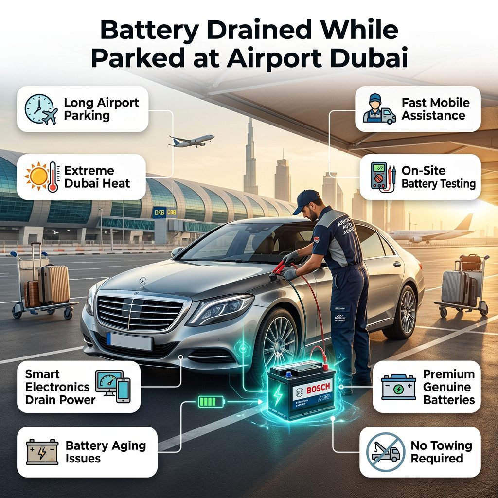 Battery drained while parked at Airport Dubai infographic showing causes of battery failure, emergency battery replacement service, premium battery installation, and professional roadside assistance at Dubai airport parking.