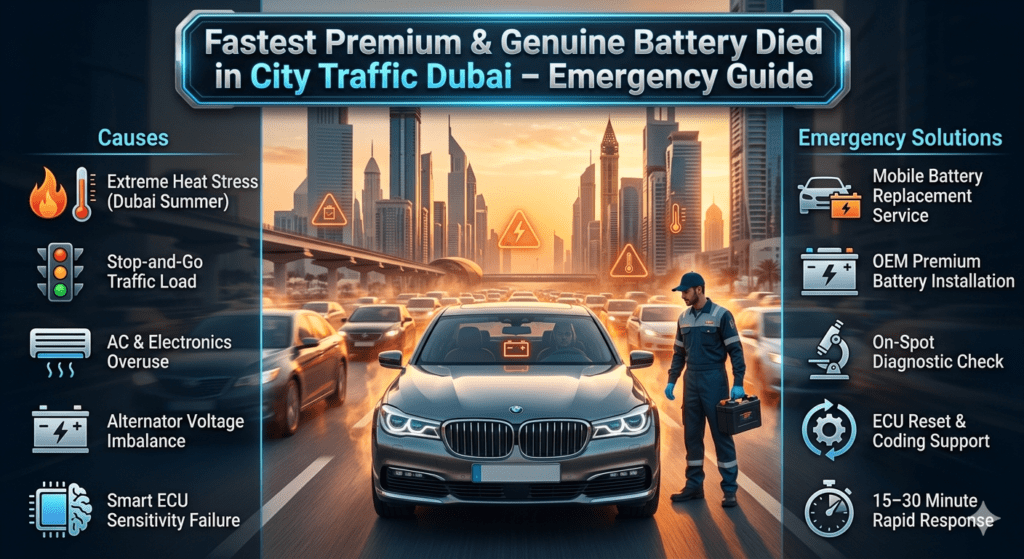 Luxury car stuck in Dubai city traffic with battery warning, showing emergency mobile battery replacement service concept with infographic panels explaining causes and solutions.