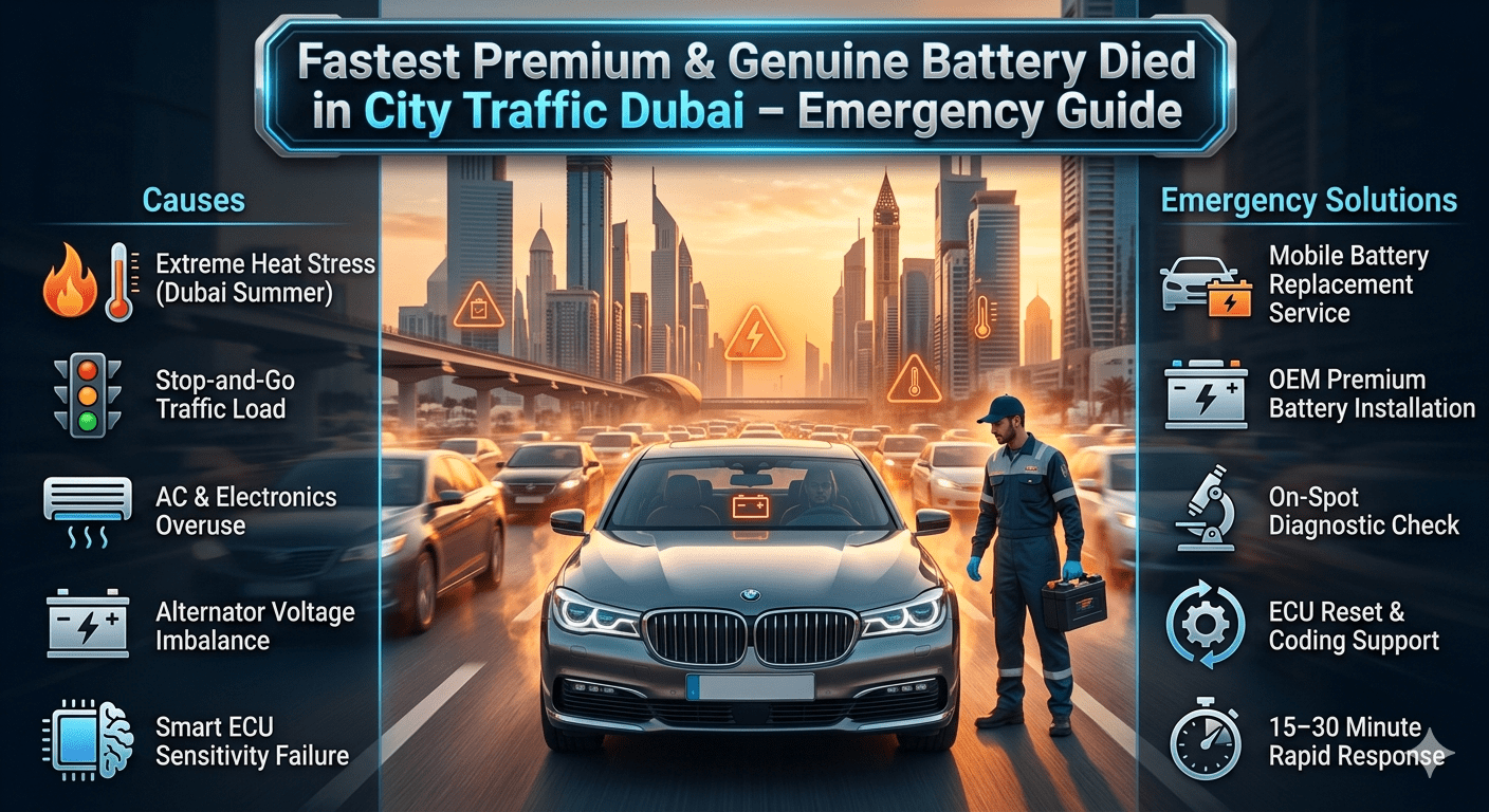 Luxury car stuck in Dubai city traffic with battery warning, showing emergency mobile battery replacement service concept with infographic panels explaining causes and solutions.