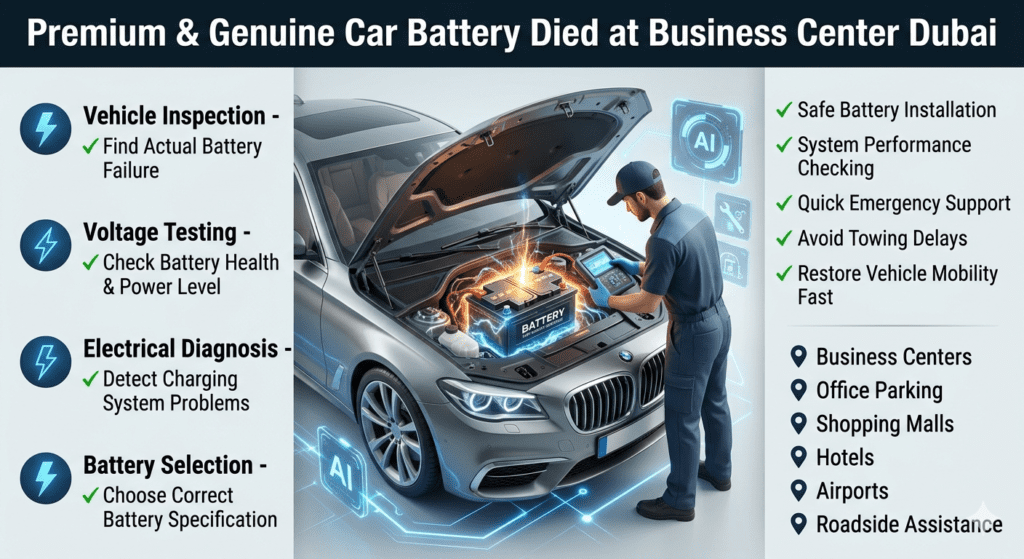 Premium and genuine car battery died at business center Dubai guide showing emergency battery inspection, voltage testing, electrical diagnosis, safe installation, and mobile replacement service.