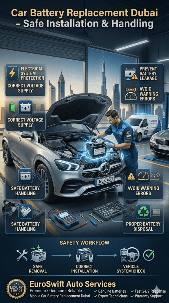 Car Battery Replacement Dubai safety guide showing professional battery installation, safe handling, electrical protection, correct voltage, and proper disposal practices.