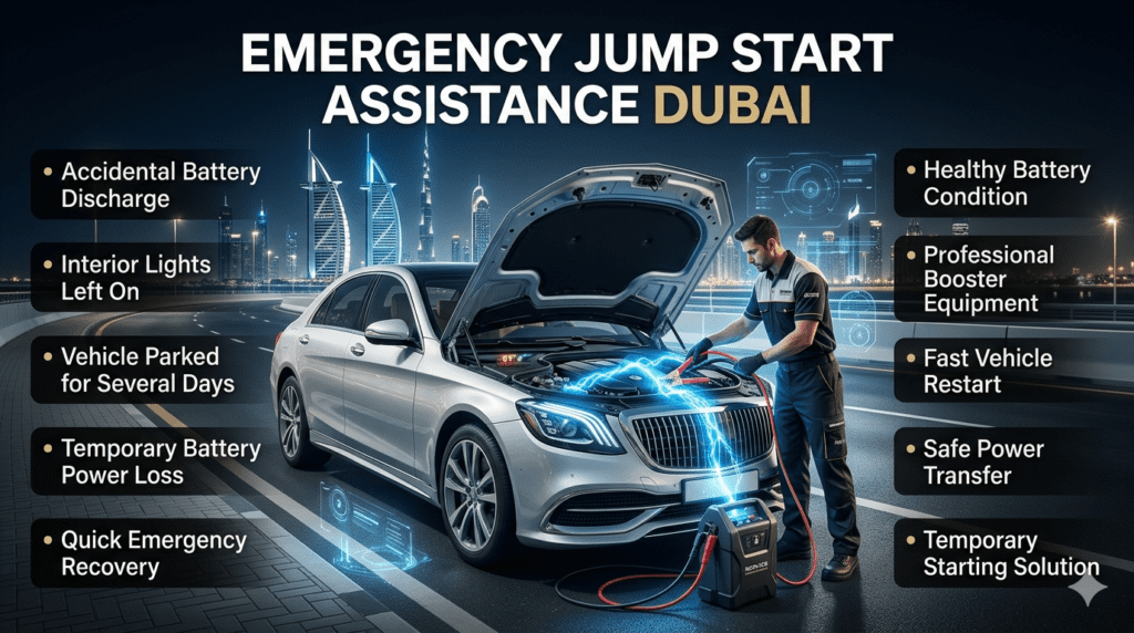 Emergency Jump Start Assistance Dubai – Fast Temporary Power Recovery Professional emergency jump-start assistance in Dubai showing a technician connecting booster cables to a vehicle with a healthy battery suffering temporary power loss, featuring key jump-start situations displayed in a premium automotive infographic.