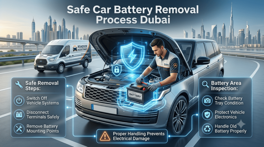 Safe car battery removal process Dubai showing technician disconnecting terminals, protecting vehicle electronics, and inspecting battery tray condition