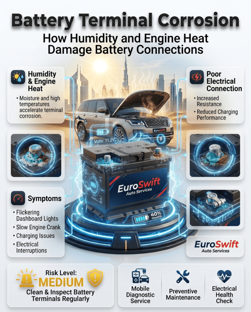 Battery Terminal Corrosion infographic showing corrosion around battery terminals caused by humidity and engine heat, leading to charging issues and slow engine cranking.