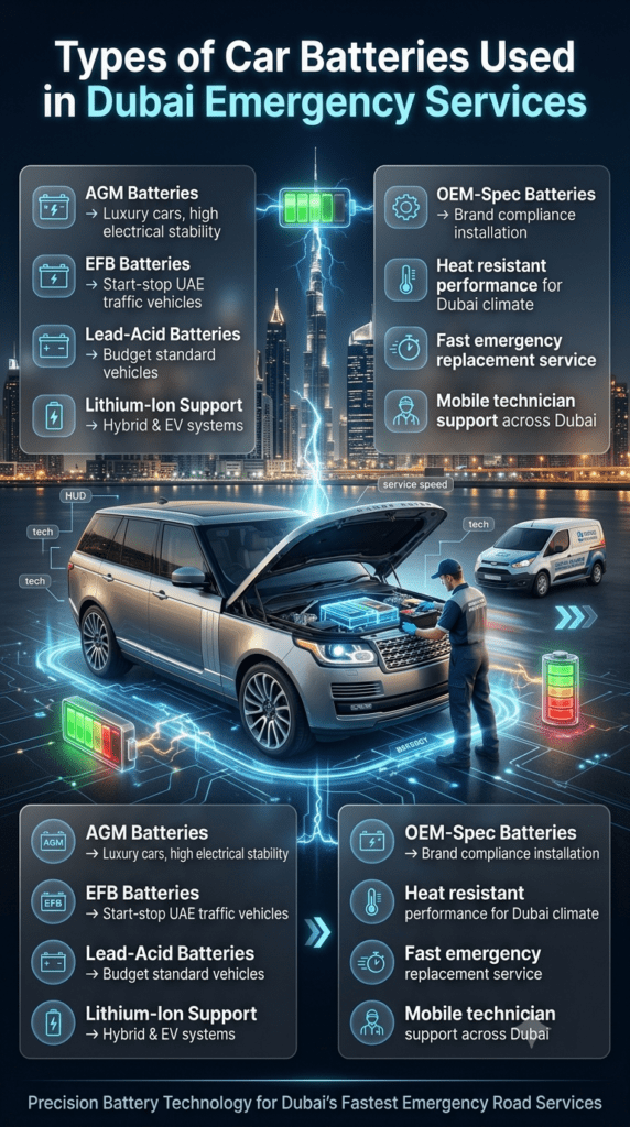 Infographic showing types of car batteries used in Dubai emergency services including AGM, EFB, Lead-Acid, Lithium-Ion, and OEM-spec batteries with luxury car and mobile technician replacement.