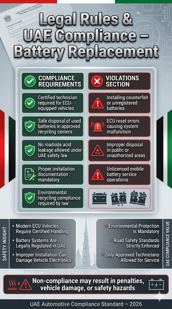 A legal compliance infographic showing UAE battery replacement rules and violations for Tata Nexon including certified technician requirements, safe disposal rules, and installation regulations.