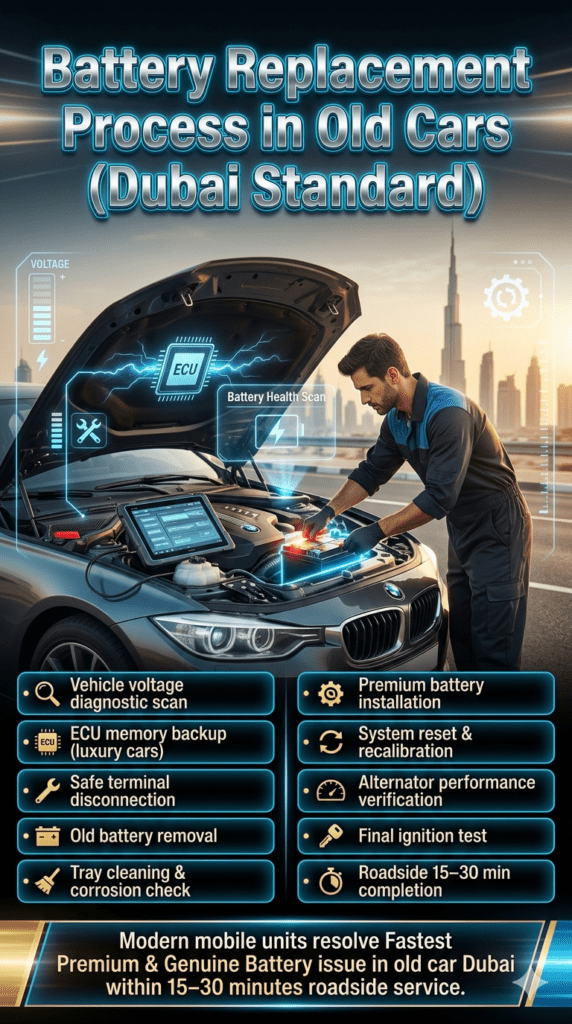 Infographic showing step-by-step car battery replacement process in old cars in Dubai including diagnostics, ECU backup, installation, and final testing.