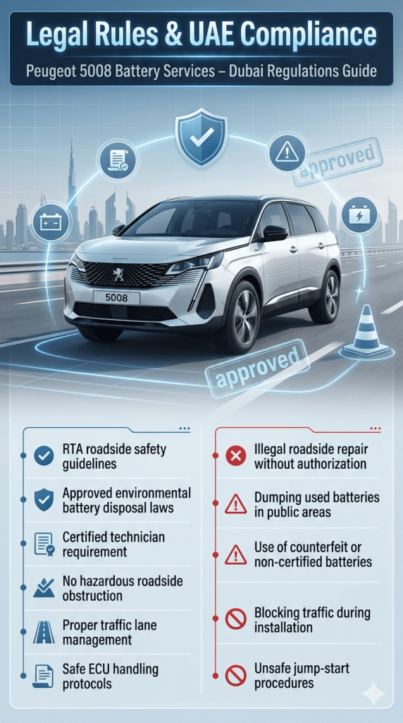 Peugeot 5008 battery service legal compliance infographic showing UAE RTA rules, safety guidelines, certified technician requirements, and prohibited practices in Dubai.