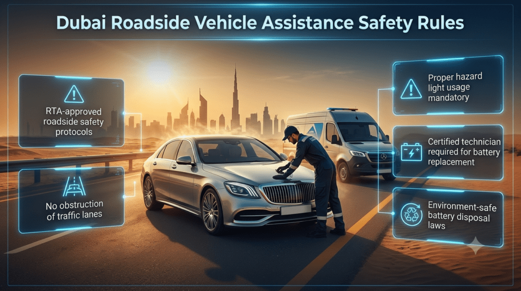Dubai roadside assistance safety rules infographic showing RTA compliance, hazard light usage, certified technician requirement, and battery disposal regulations around a roadside car breakdown scene.
