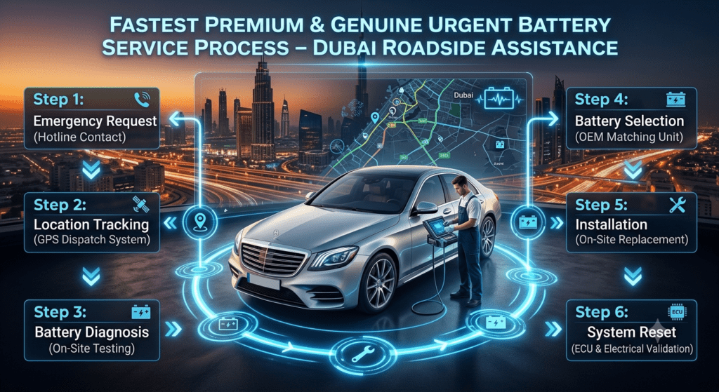 Step-by-step infographic showing emergency car battery service process in Dubai including request, GPS tracking, diagnosis, battery selection, installation, and ECU reset in a futuristic automotive design.