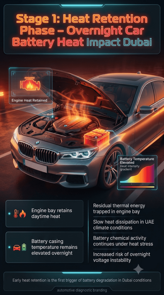 Stage 1: Heat Retention Phase – Overnight Car Battery Heat Impact Dubai Luxury car engine bay showing heat retention phase with thermal imaging overlay highlighting elevated battery temperature during overnight conditions in Dubai.