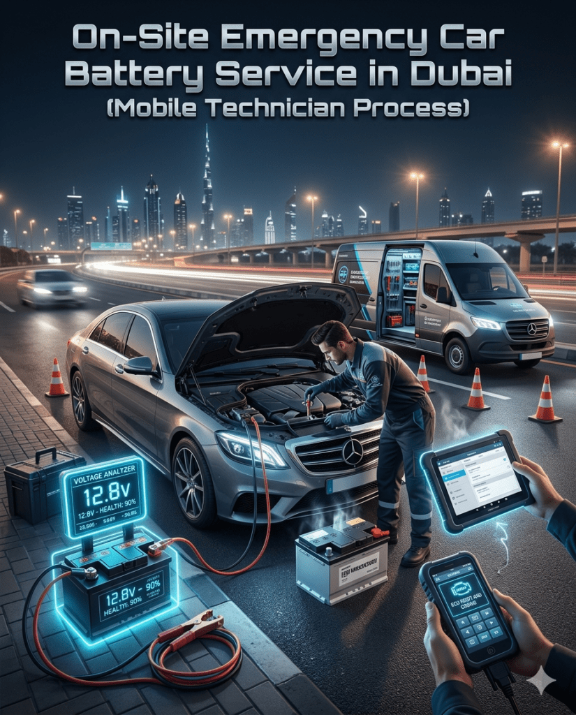 On-Site Emergency Car Battery Service in Dubai (Mobile Technician Process) Mobile technician performing car battery testing, voltage analysis, installation, ECU reset, and battery coding on-site in Dubai.