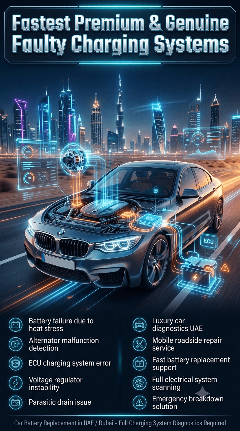 Luxury automotive diagnostic infographic showing Fastest Premium & Genuine Faulty Charging Systems with a high-end car, Dubai skyline, and detailed electrical charging system failure points including alternator, ECU, and battery issues.