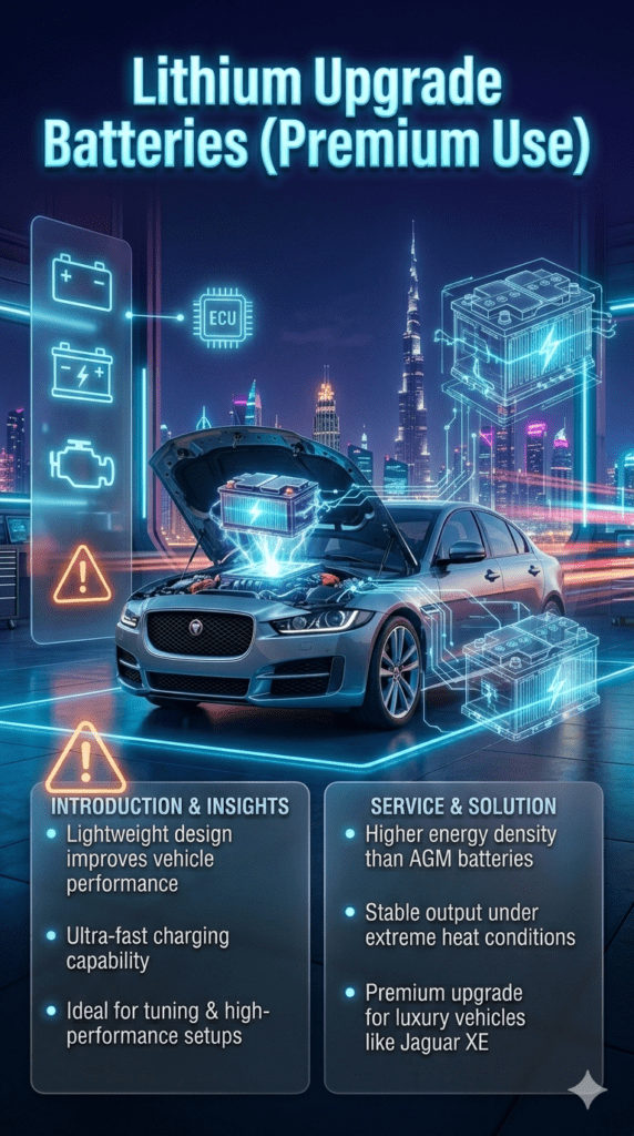 Futuristic infographic showing lithium upgrade battery installed in Jaguar XE, highlighting lightweight design, fast charging, and premium performance tuning features in a luxury automotive workshop.