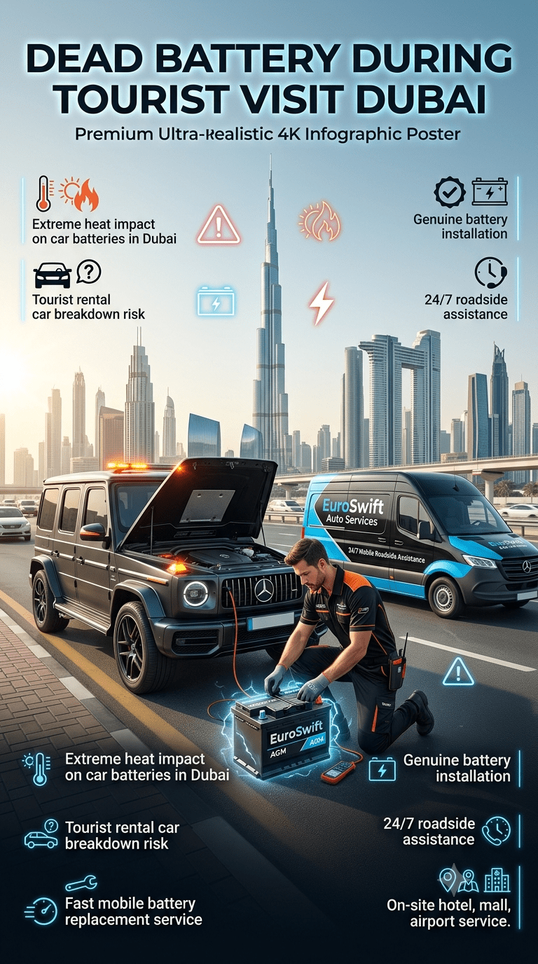 Luxury Dubai roadside assistance scene showing a dead car battery situation with a technician performing mobile battery replacement near a broken-down SUV under extreme heat conditions.