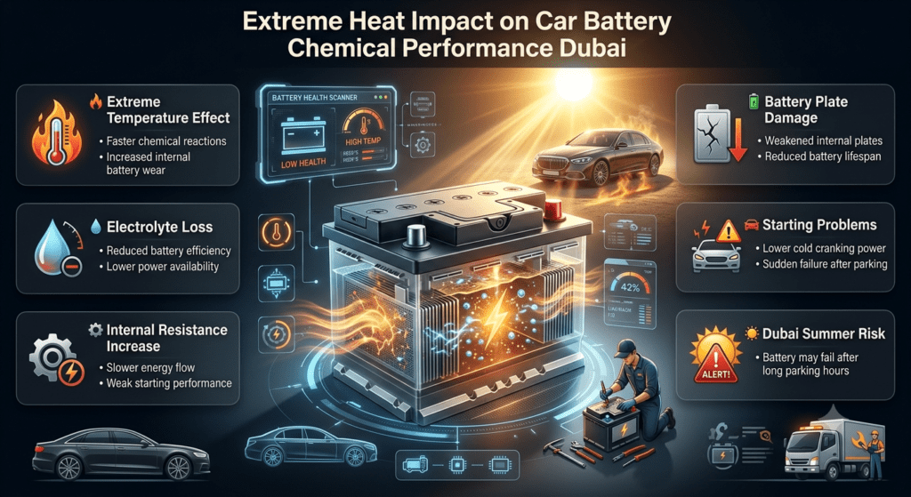 Extreme heat impact on car battery chemical reactions showing electrolyte loss, internal resistance, weakened plates, and battery failure risk in Dubai summer conditions.