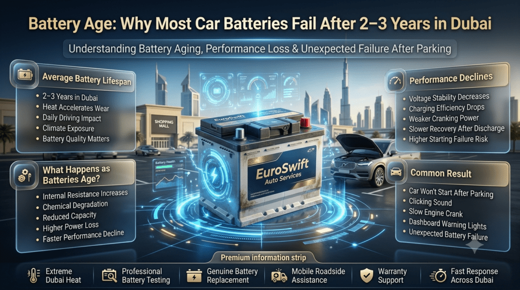 How Battery Age Causes Car Battery Failure After Parking in Dubai | 2–3 Year Battery Lifespan Guide Infographic explaining how battery aging affects vehicle performance in Dubai, showing the typical 2–3 year battery lifespan, reduced cranking power, lower charging efficiency, voltage instability, and increased internal resistance that can cause a car battery to fail after parking.