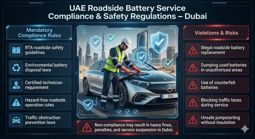Infographic showing UAE roadside battery service compliance rules and violations in Dubai, including RTA guidelines, certified technician requirements, environmental laws, and safety violations.