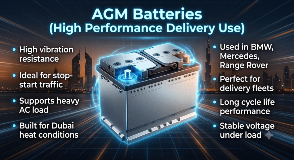 AGM Car Batteries in Dubai – High Performance Solution for Delivery & Luxury Vehicles Infographic showing AGM car battery benefits for Dubai delivery vehicles including heat resistance, stop-start traffic support, and luxury car compatibility.